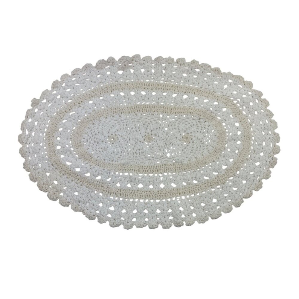 Vintage Handmade Oval Crochet Doily Beige & White 15.5"x11" Lace Decor Accent